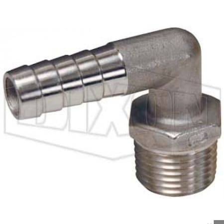 Hose-to-Pipe Elbow, 3/8 X 1/4 In Nominal, Barb X Male NPTF End Style, 316 SS, Domestic
